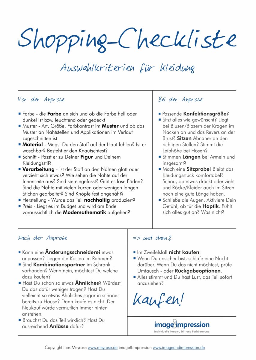 Shopping-Checkliste – Auswahlkriterien für Kleidung – Copyright Ines Meyrose – www.meyrose.de