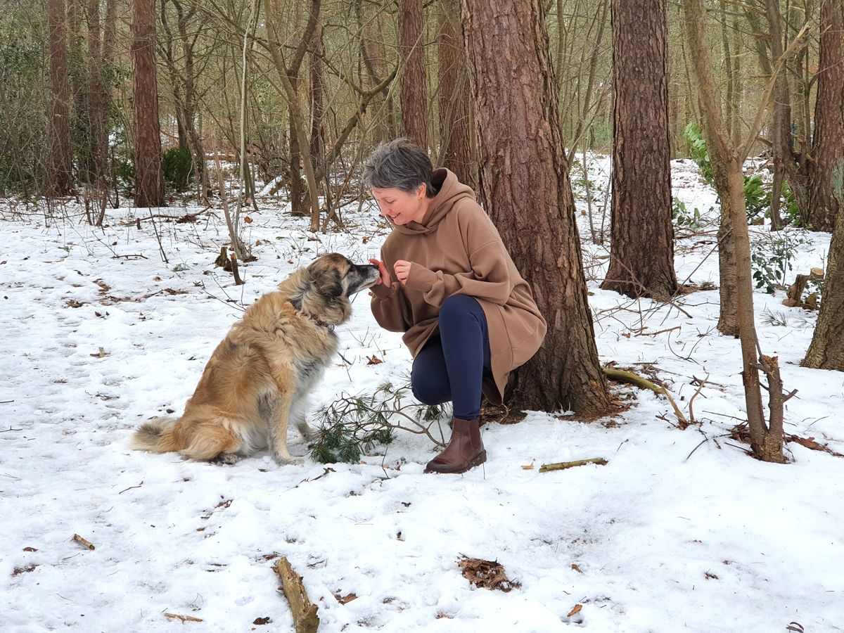 Ines Meyrose - Outfit 2021 mit Oversized-Hoodie in braun - Ü40 Bloggerin mit Hund Paul