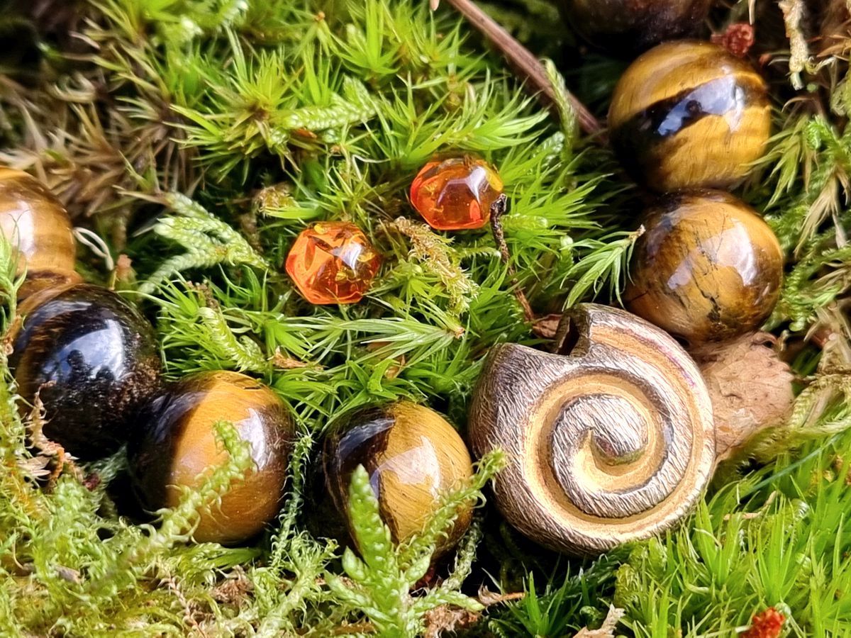 Schmuck kombinieren - Kette Tigerauge mit Schmuckperle in Schneckenform zu Bernsteinohrringen