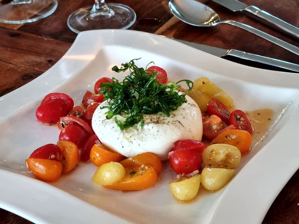 Genussküche 1. Gang Burrata auf Tomatensalat mit frittiertem Ruccola