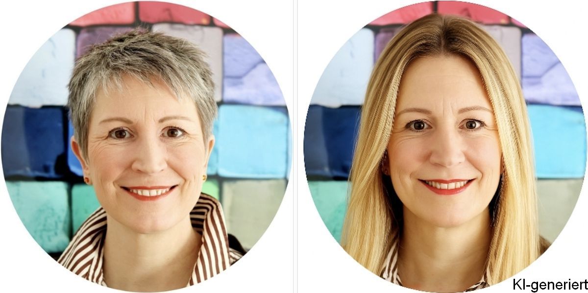 Ines Meyrose 2023 Portrait: links real mit grauen, kurzen Haaren - rechts mit blonden, langen Haaren mit KI bearbeitet