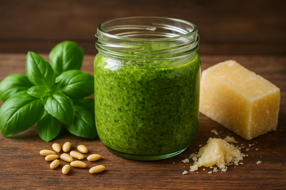 Basilikum-Pesto mit Parmesan und Pinienkernen