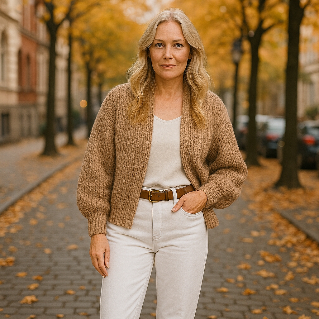 Outfitinspiration 2025 - Grobstrickcardigan kurz kombinieren - Bild KI-generiert