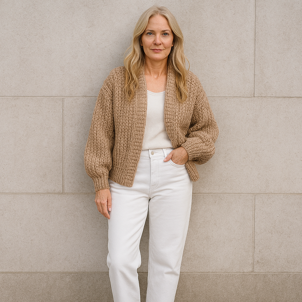 Outfitinspiration 2025 - Grobstrickcardigan kurz kombinieren - Bild KI-generiert