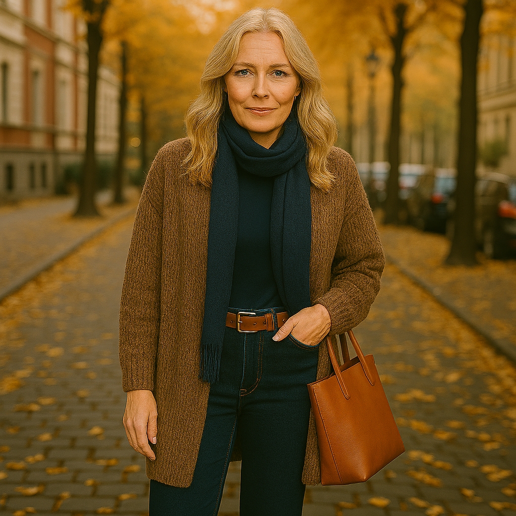 Outfitinspiration 2025 - Grobstrickcardigan lang kombinieren - Bild KI-generiert