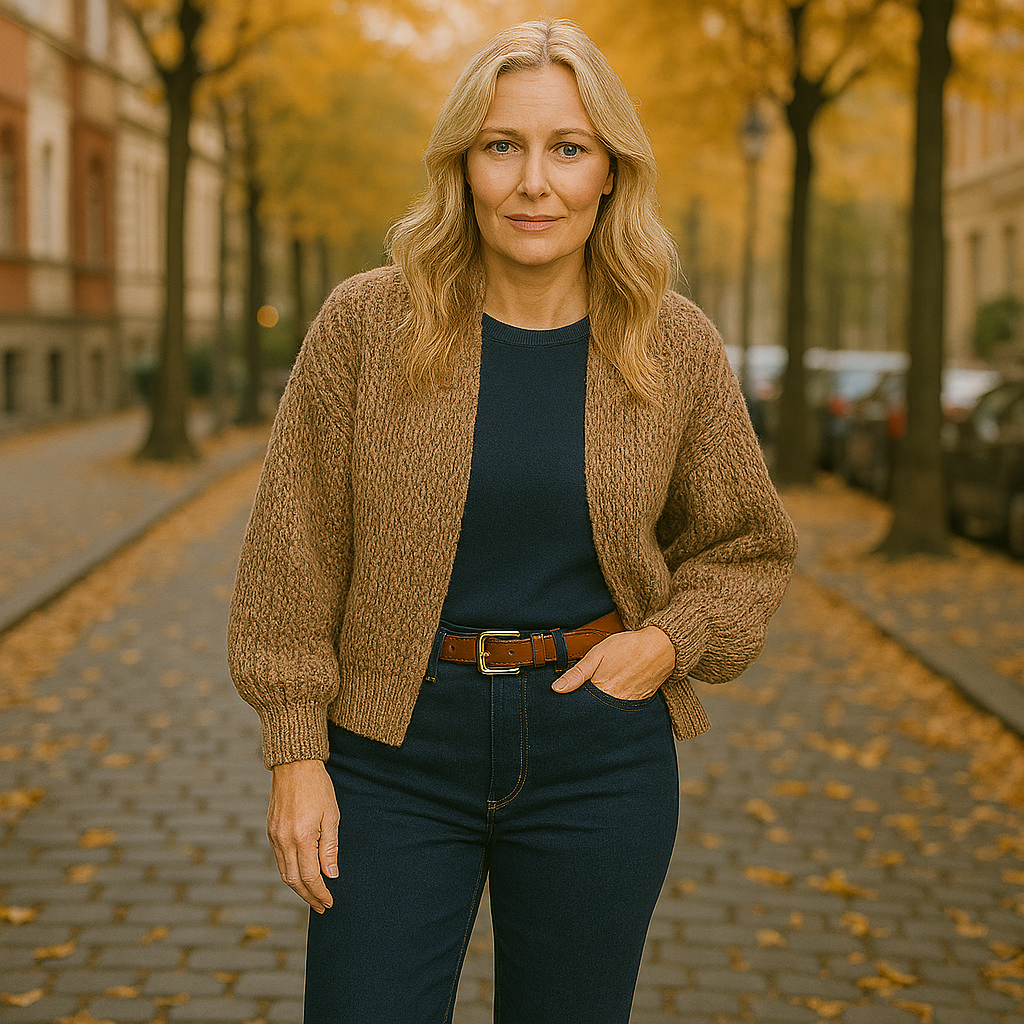 Outfitinspiration 2025 - Grobstrickcardigan kurz kombinieren - Bild KI-generiert