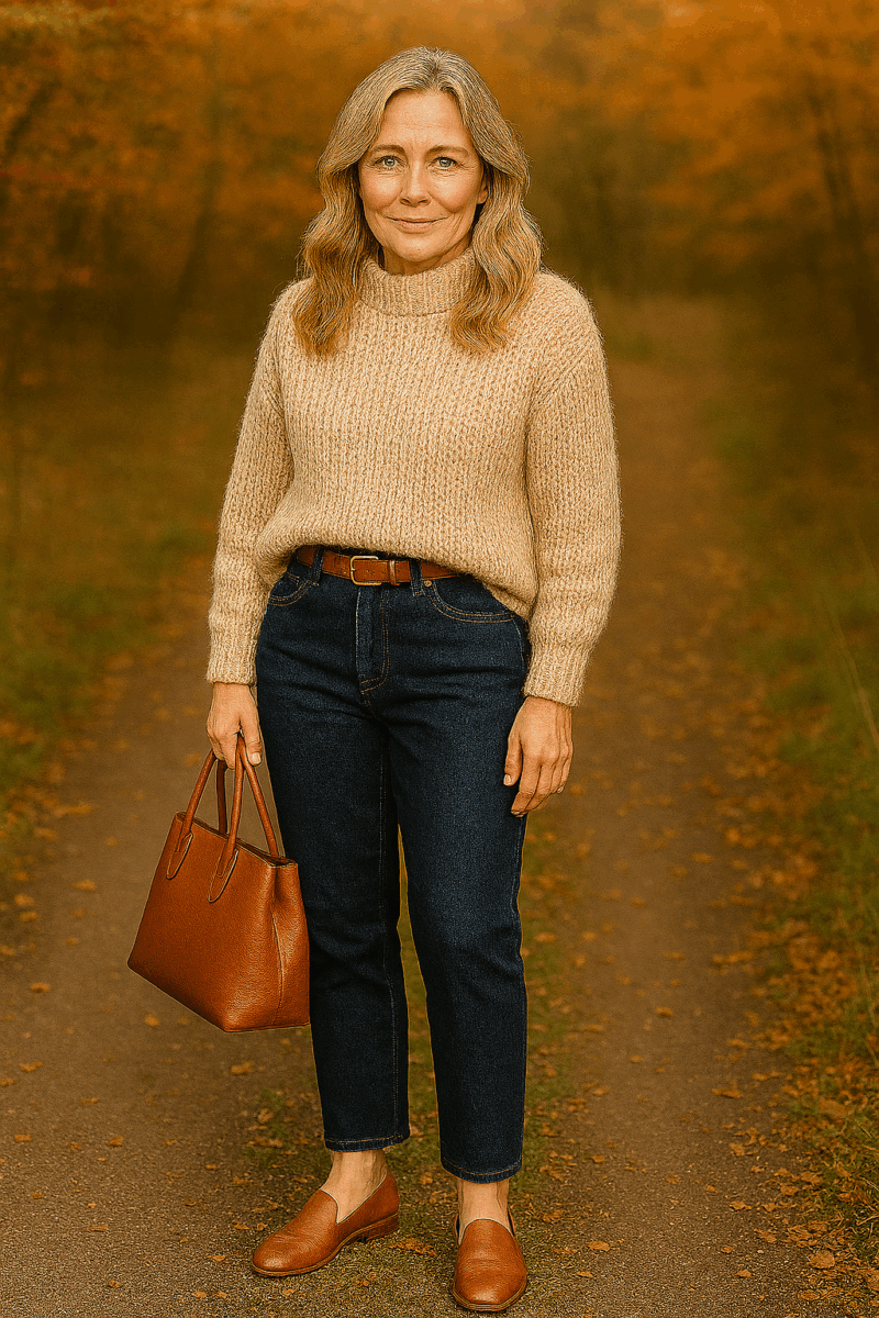 Outfitinspiration 2025 - Grobstrickpullover kombinieren - Bild KI-generiert