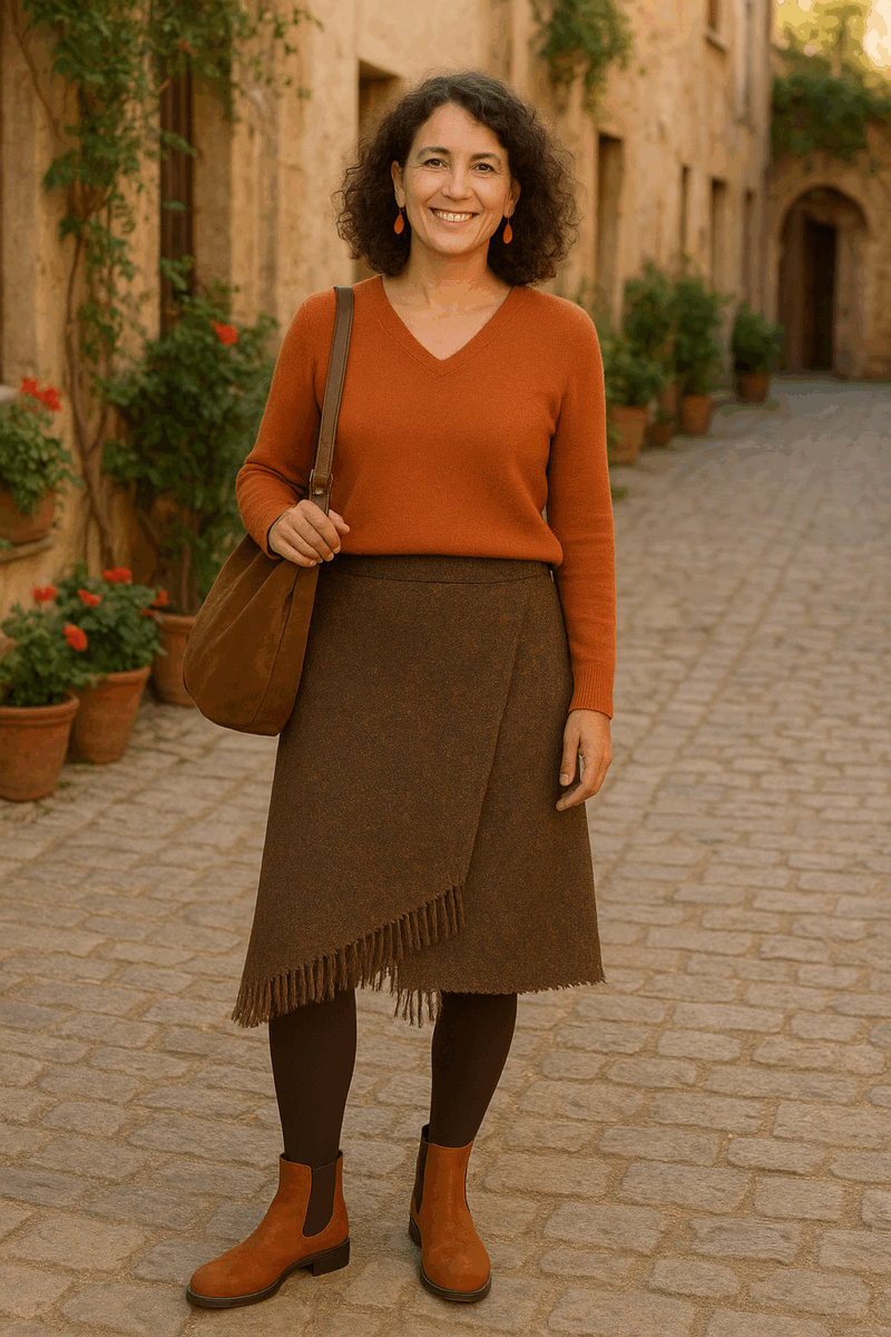 Outfitinspiration 2025 - Herbstoutfit in braun-Orangetönen mit Rock und Stiefeletten/Chelsea Boots in Braun - Bild KI-generiert