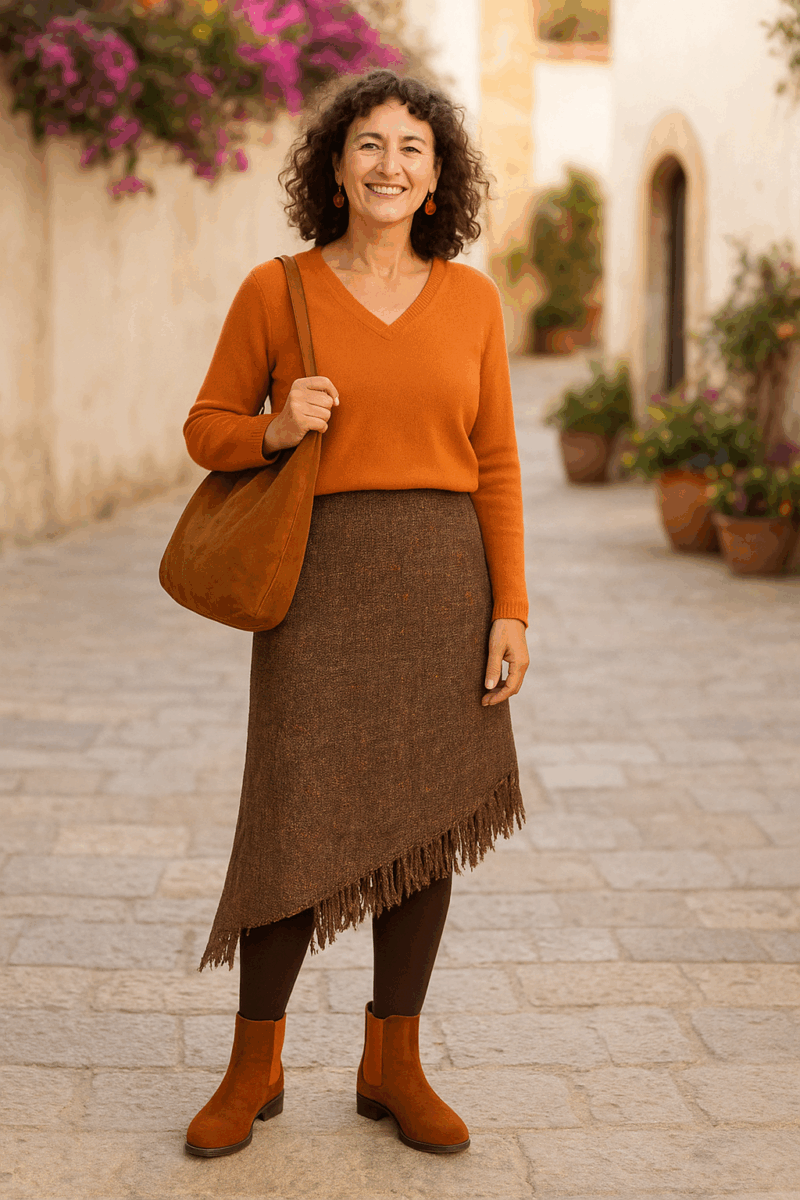Outfitinspiration 2025 - Herbstoutfit in braun-Orangetönen mit Rock und Stiefeletten/Chelsea Boots in Braun und Orange - Bild KI-generiert