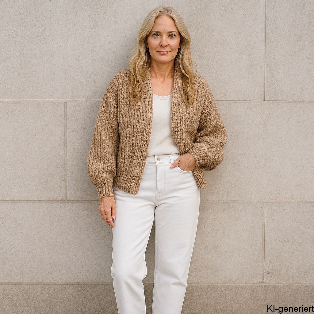 Outfitinspiration 2025 - Grobstrickcardigan kurz kombinieren - Bild KI-generiert