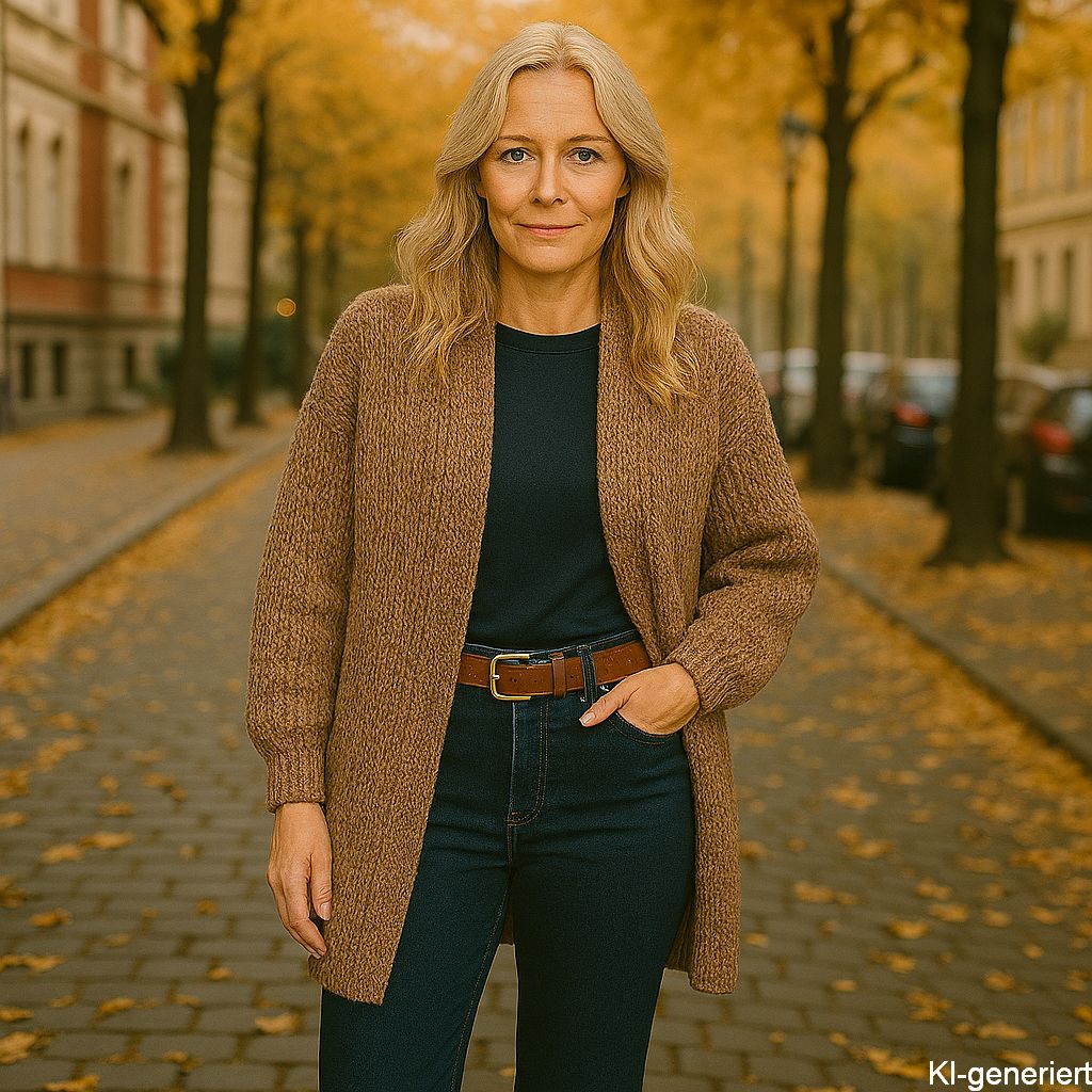 Outfitinspiration 2025 - Grobstrickcardigan lang kombinieren - Bild KI-generiert
