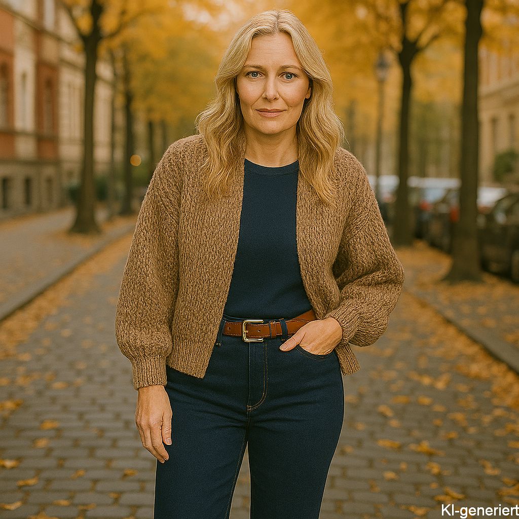 Outfitinspiration 2025 - Grobstrickcardigan kurz kombinieren - Bild KI-generiert
