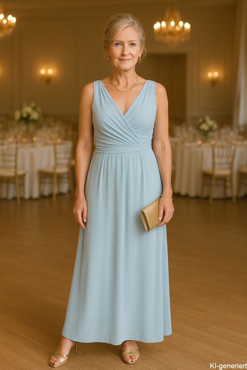 Outfitinspiration 2026 - Abendkleidung für Damen als Gast auf einer eleganten Hochzeitsfeier - hellblaues, langes Kleid und goldene Sandaletten - KI-generiert