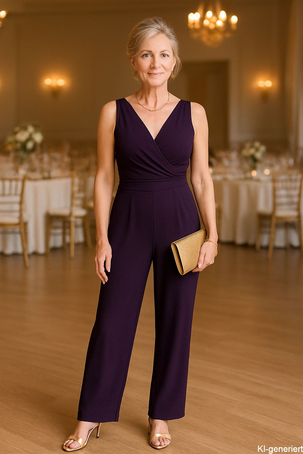 Outfitinspiration 2026 - Abendkleidung für Damen als Gast auf einer eleganten Hochzeitsfeier - Jumpsuit in dunklem Lila - goldene Sandaletten - goldene Clutch - KI-generiert