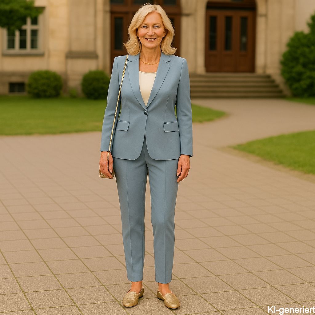Outfitinspiration 2026 - Outfit für Damen als Gast auf einer standesamtlichen Hochzeit - hellblauer Hosenanzug und goldene Loafer - KI-generiert