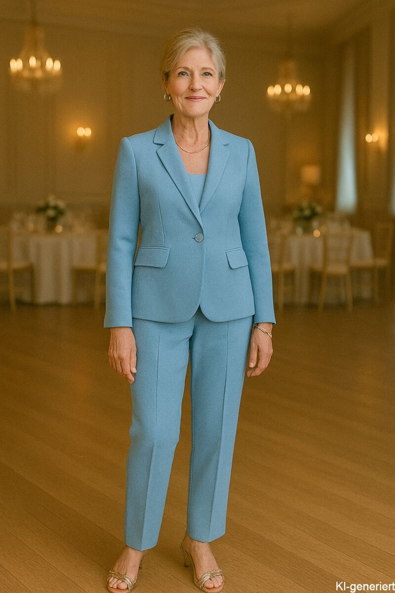 Outfitinspiration 2026 - Outfit für Damen als Gast auf einer standesamtlichen Hochzeit - hellblauer Hosenanzug und goldene Sandaletten - KI-generiert