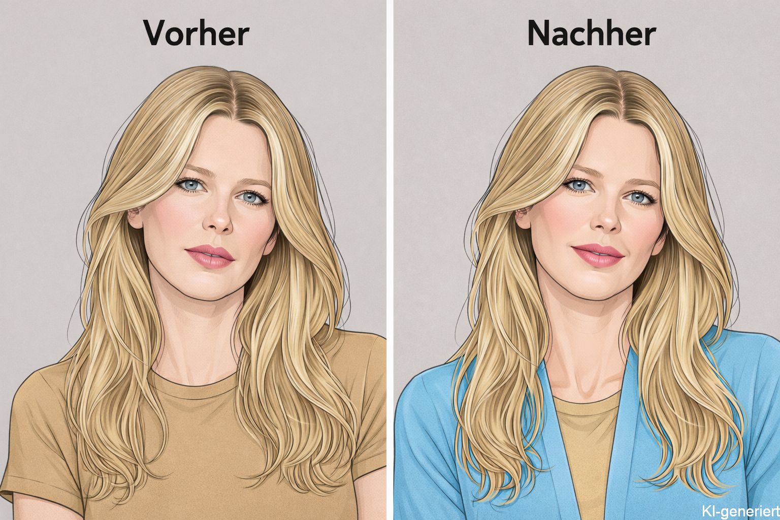 Sommerfarbtyp: vorher blass in Beige, nachher frisch in Hellblau mit Beige kombiniert - KI-generiert