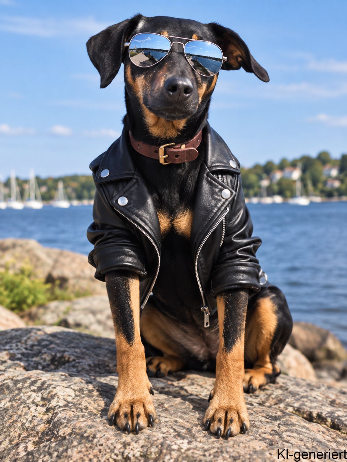 Jagdterrier Mona in einem fiktiven Outfit mit schwarzer Lederjacke im Rockerstil mit hochgeschobenen Ärmeln und verspiegelter Sonnenbrille - KI-generiert auf Basis echter Bilder von Mona
